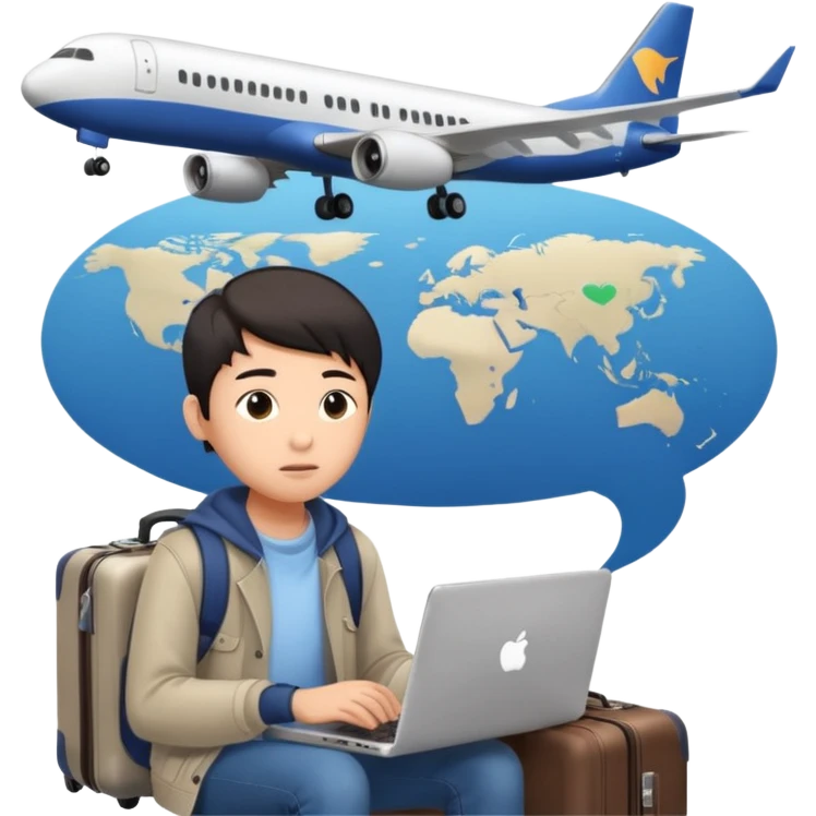 페르소나 요약 : 교환학생을 준비하는 대학생. 동양인 중성 20대의 상반신, 캐주얼한 옷을 입은 채 노트북을 보고 있으며 옆 한켠에는 캐리어가 함께 준비되어 있어요. 머리 위에 생각풍선으로 비행기를 떠올리고 있어요 emoji
