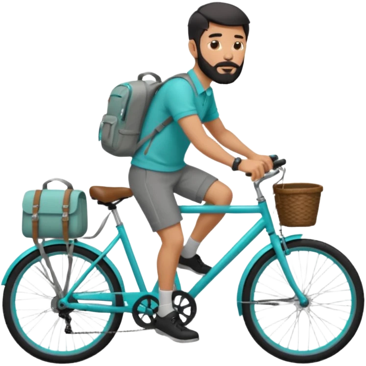 a man with a grey backpack and a torquoise byciycl and he has black shot=rt man hair and a beard with a polo grey shirt and dress pants and hes riding it emoji