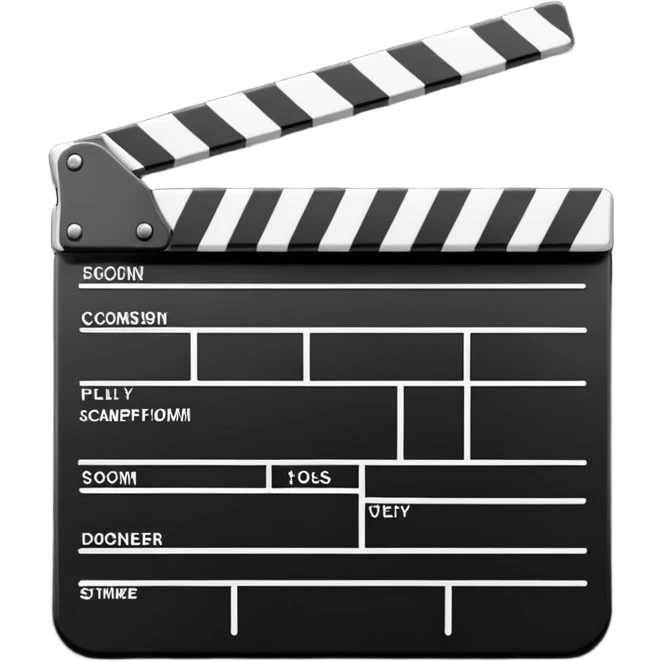 Simple black and white clapperboard with minimal stripes at the top, slightly open position, iOS emoji style emoji