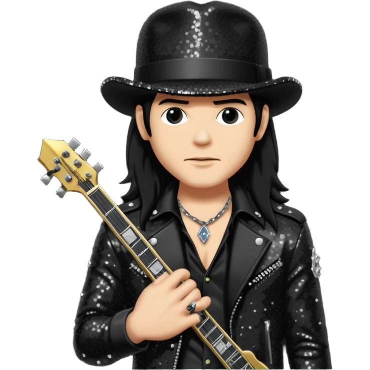 Slash from Gun n Roses with long jet black hair, black sequin outfit emoji
