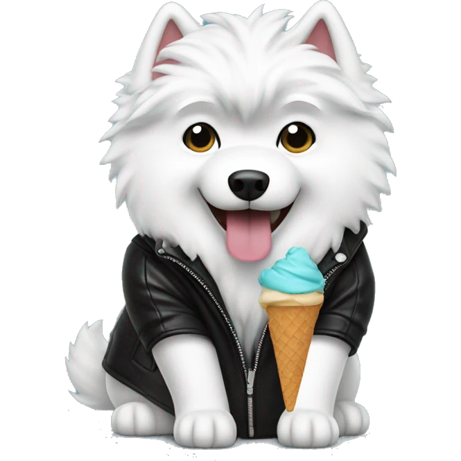 Samoyed dog eating ice cream wearing black leather jacket  emoji