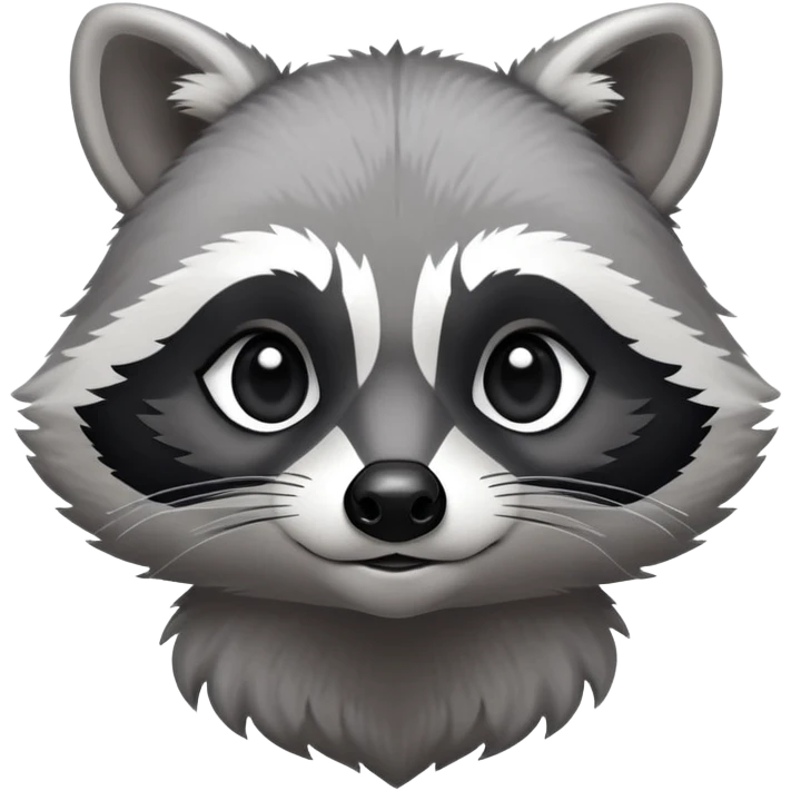 Cinematic-Noble-Raccoon-Portrait-Emoji – Poised and confident, with a sturdy build and a beautifully textured fur of silver-grey accented by dark black facial markings, deep-set, cute big black eyes, simplified yet sharp and sophisticated zoom out to show shoulders emoji