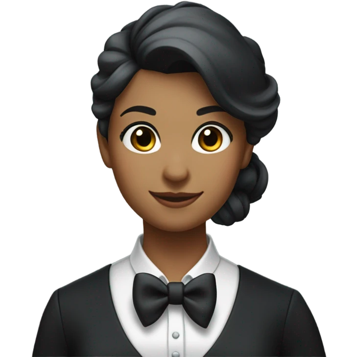 a female butler with a professional and elegant demeanor. She has her hair neatly tied in a ponytail and wears a classic butler uniform, including a tailored vest, crisp white shirt, and bow tie. emoji