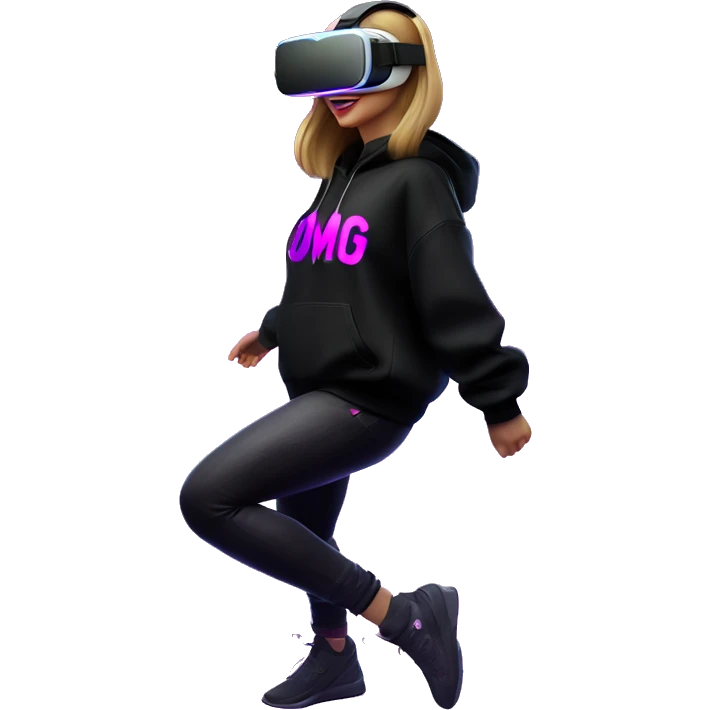 Russian girl wearing black hoody with violet letters "OMG", in vr headset oculus quest2. Dancing. Cyberpunk style. Violet neon. emoji