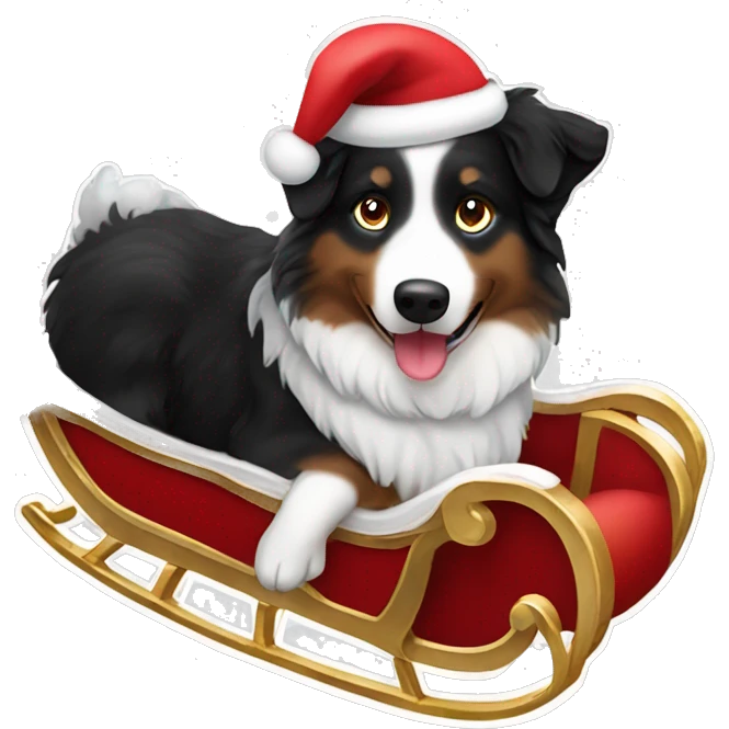 Black tri Australian shepherd in Santa’s sleigh emoji
