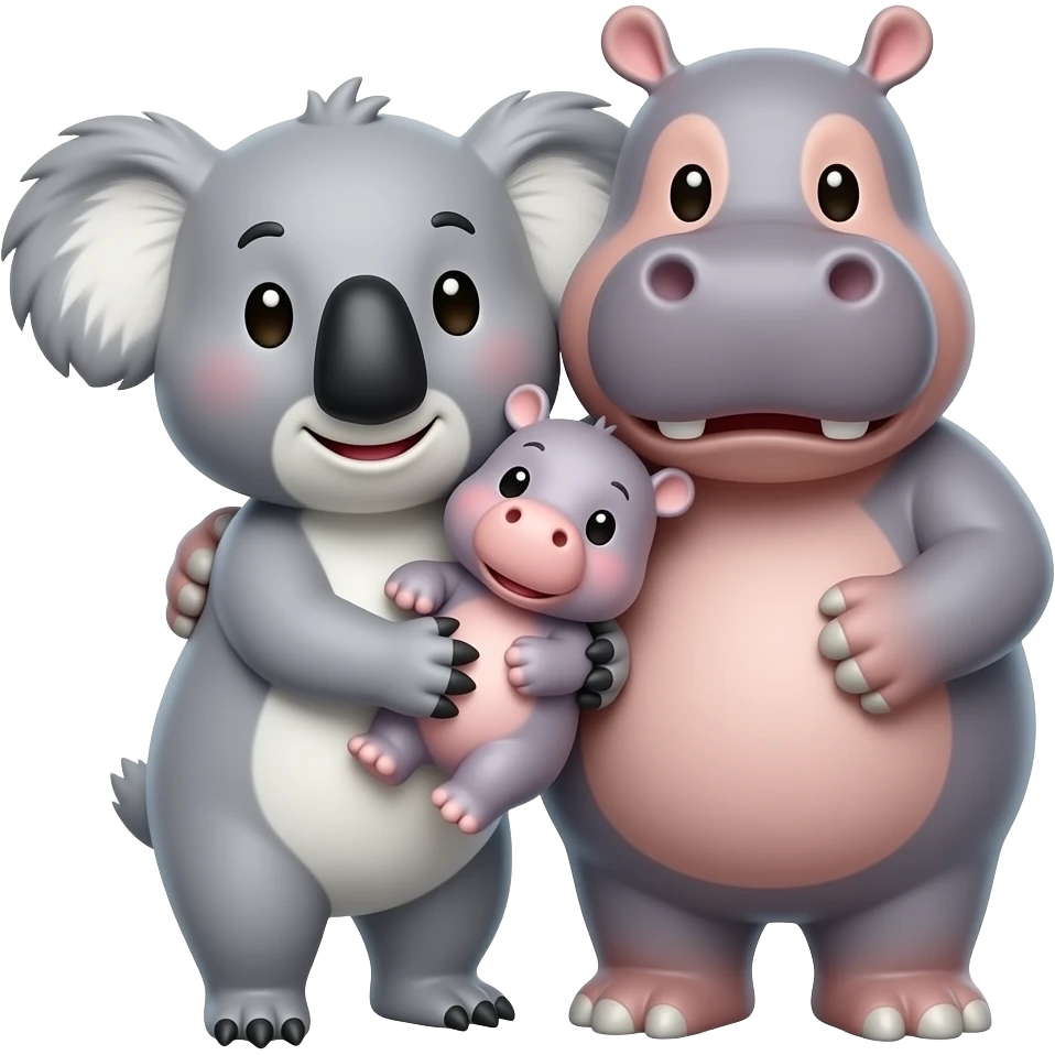 Skinny Koala and hippo holding their one baby hippo Together in both of their arms hugging emoji family realistic real emoji not cartoon cuddle emoji