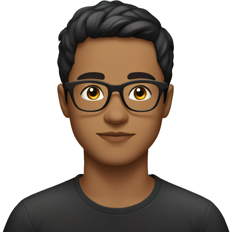 A young man with short black hair and glasses, wearing a black t-shirt with a colorful design, sitting outdoors with a calm expression emoji