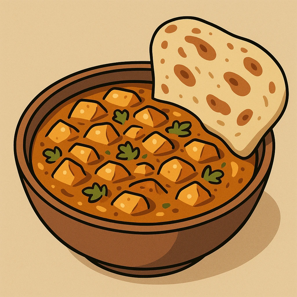 a bowl of Indian curry with naan bread, stylized and appetizing, cartoon style emoji