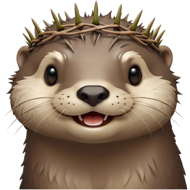 really cute smiling joyful otter face in three-quarter profile view with simple thorny stem wrapped horizontally around its forehead like Jesus Christ's Crown of thorns, no crown shape on top, just thin spiky branches circling the forehead emoji