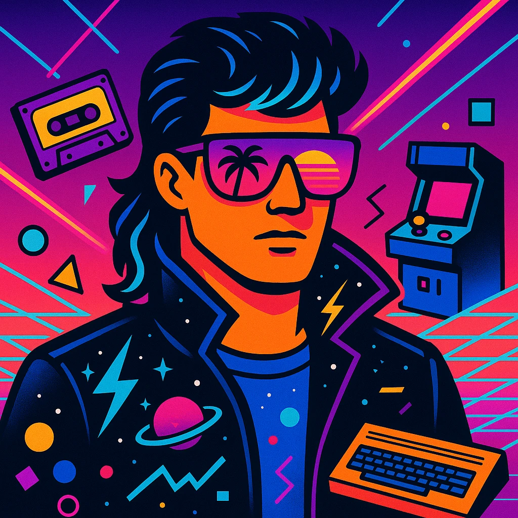 retro-futuristic 80s male portrait with classic mullet hairstyle with neon blue highlights, face half-hidden by bright airbrushed sunglasses with pink to purple gradient reflecting palms and sunset, leather jacket with raised collar airbrushed with lightning and cosmic motifs, Memphis Design geometry, energetic neon gradient background with perspective grid, laser beams, details like cassettes, arcade games, Commodore 64, electric blue, fuchsia, turquoise, ultraviolet colors emoji