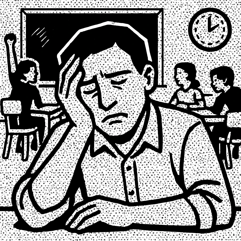 exhausted teacher in a bustling classroom emoji