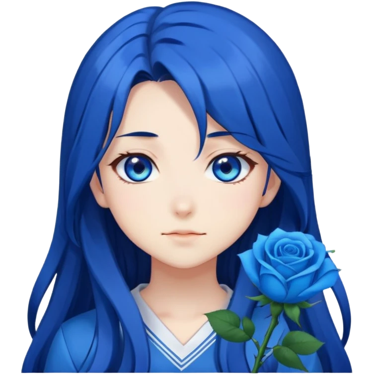anime girl with long dark blue hair, blue rose in hair, bright blue eyes, cute anime face, anime emoji style emoji