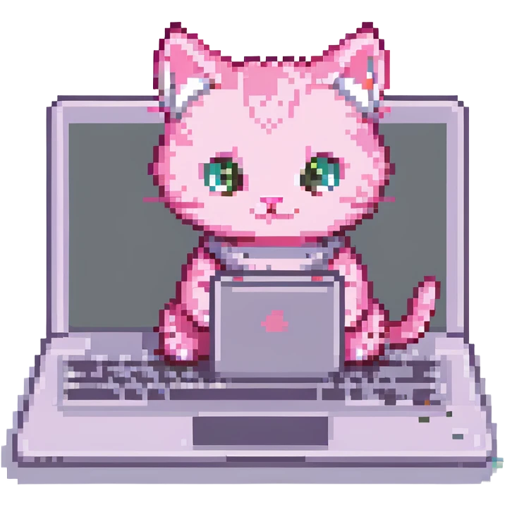 pink kitten using a laptop, pixel art style, retro and charming emoji