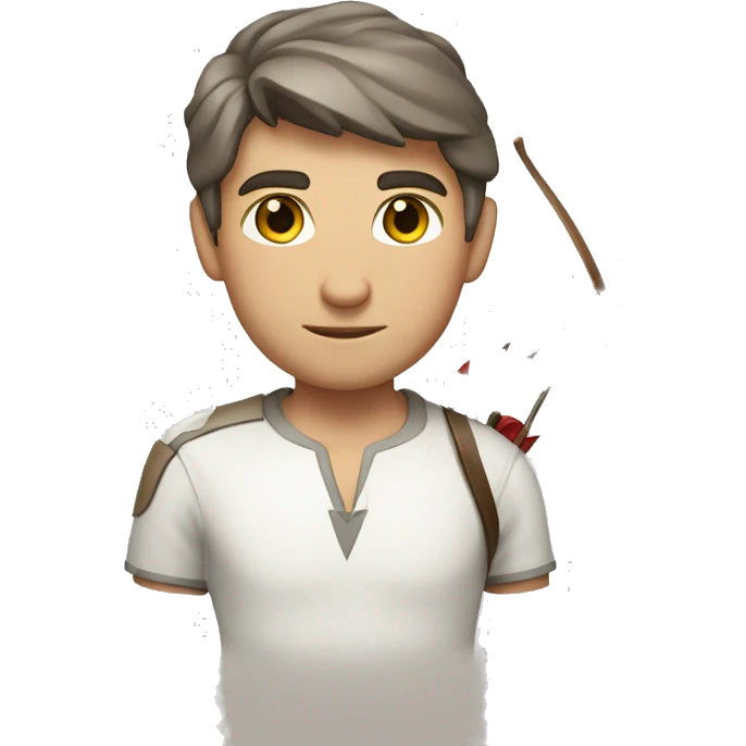 a male archer with a bow, wearing a white shirt, very short brown hair, bright skin, only show upper part of the body from waist up emoji