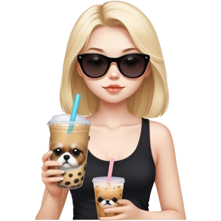 Blonde girl with pale skin and long hair with black cat eye sunglasses in black tank top and boba tea and tan Shih Tzu  emoji