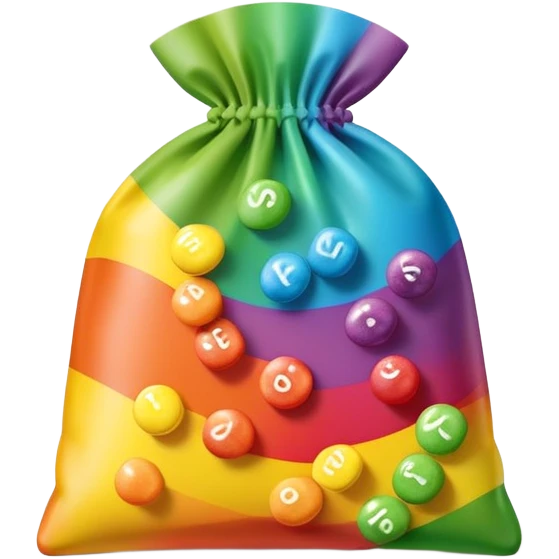 Flat design minimalist Skittles pouch with simple rainbow gradient and a small handful of green candies arranged in a neat pattern. emoji