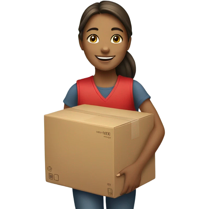 smiling girl wearing red vest takes box to car emoji