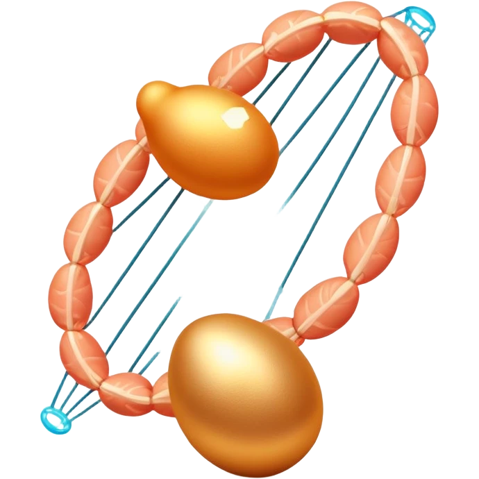 Golden egg, bright salmon, chicken, and tofu floating around a glowing DNA strand. Golden muscle fibers extend from the foods, showing how complete proteins build and repair the body. The entire scene has a magical glow representing essential amino acids. emoji