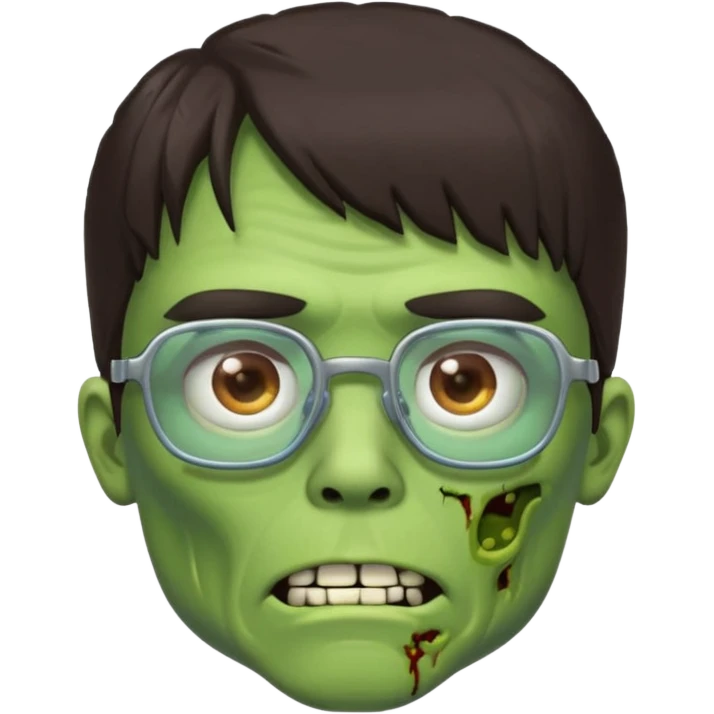 an emoji of a male green zombie with dark brown hair and female bangs that cover your entire forehead and extend to your eyebrows, wearing square, bluish glasses. emoji
