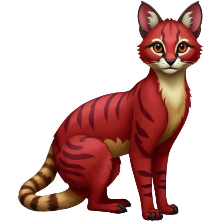 Dark gloomy red-furred colorful painted marked patterned Asian glorious divine exotic cute cool beautiful shiny beautiful fantasy-caracal-civet-genet-sergal-vernid-Cacomistle-oncilla-animal-Fakémon-hybrid-fursona (full body) emoji