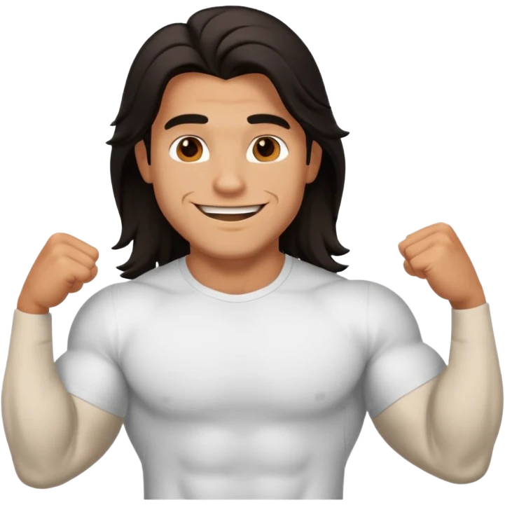 muscled happy guy, long dark hair, t-shirt emoji