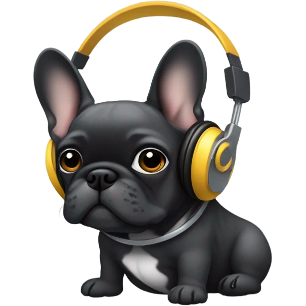 Grey hairs under chin all Black less white Brindle French bulldog wearing headphones emoji