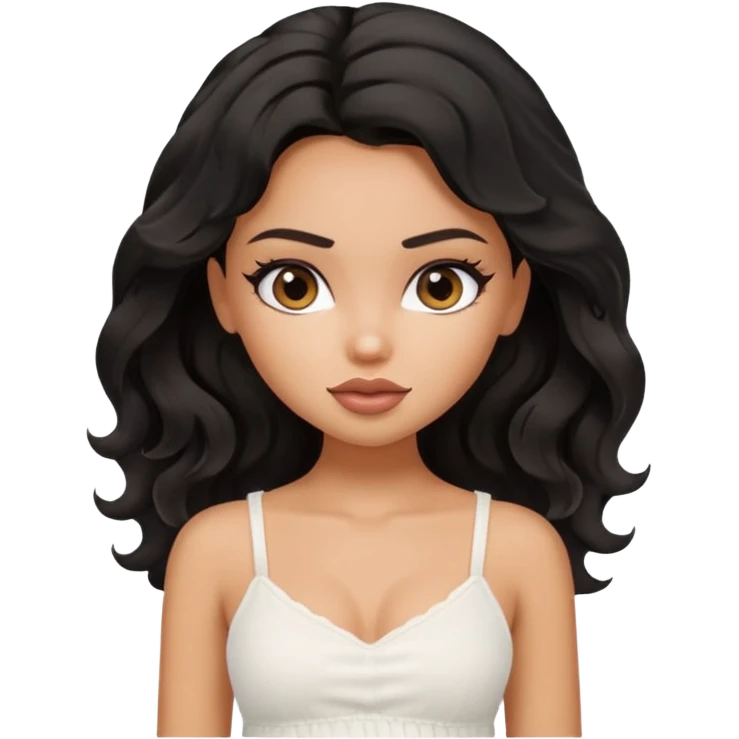 a pretty bratz tan girl with wavy black hair wearing a white cami top. Skintone is tan emoji
