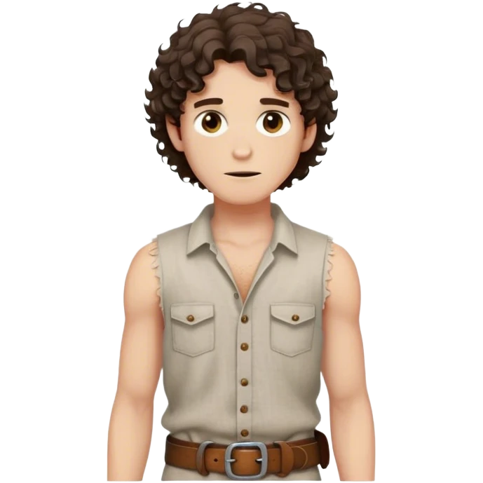 medieval summer outfit worn by a DnD themed fantasy male character. basic sleeveless linen shirt with a frayed hem and a leather belt. clothes only above the waist. The clothes full waist. The character's haven't arms. character is white-skinned, dark brown hair, hazel eyes, shoulder-length curly hair. emoji