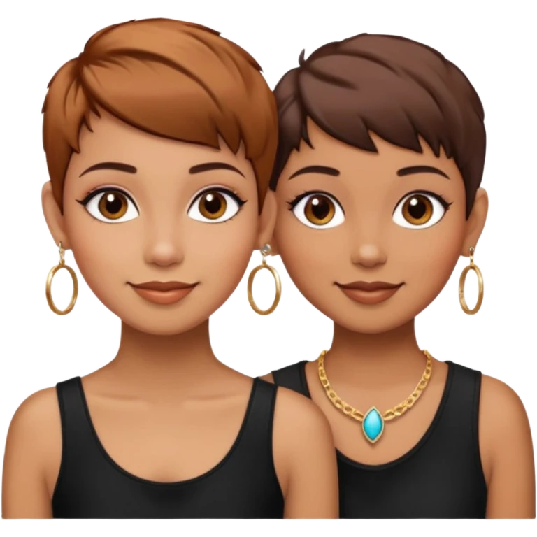 Puerto Rican fair skin straight brown pixie cut hair with hoop earrings make up and my best friend brown  colored pixie cut with jewelry and makeup on her caramel color face besties side-by-side wearing black  emoji