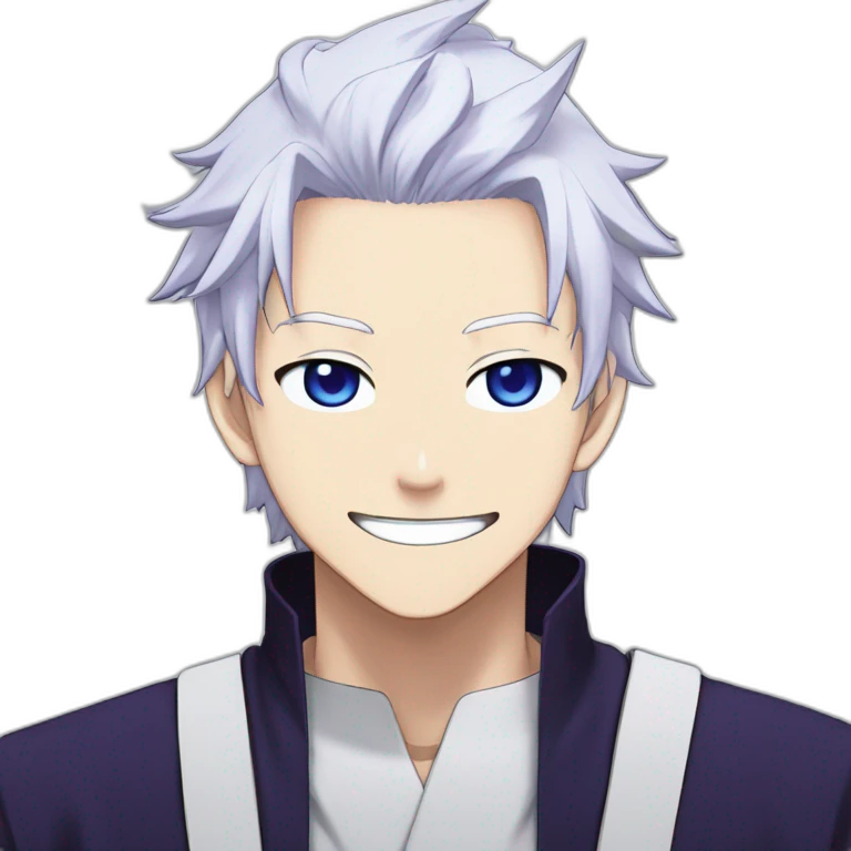Satoru Gojo with his blue eyes,long medium white hair, a big friendly smile, dark violet uniform from jujutsu kaisen emoji