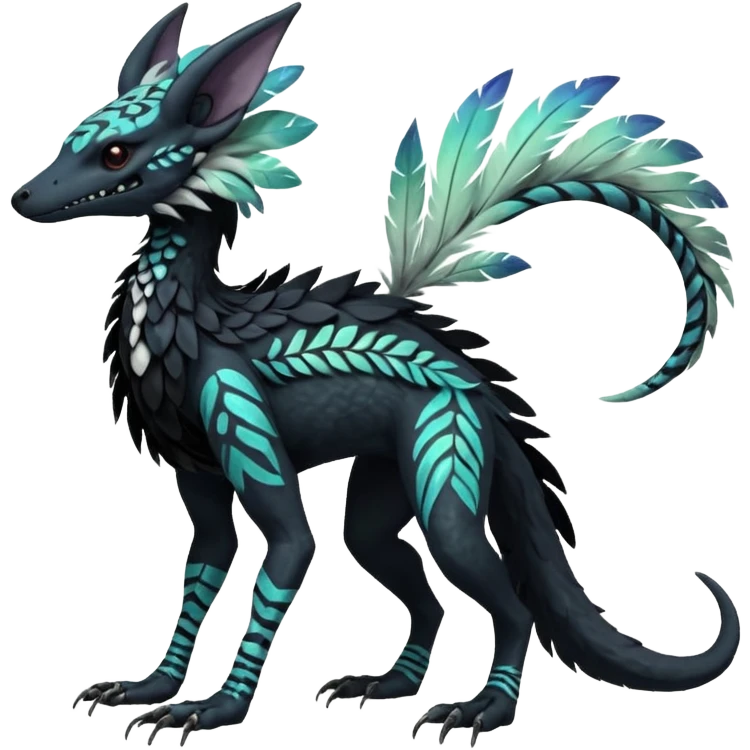 Rare realistic tribal patterned whitish pastel colorful iridescent shiny glossy feathery epic handsome gorgeous aesthetic black-skulled Vernid-Trico-Sergal-Salandit-Nargacuga-species-Fakemon-creature by LiLaiRa, 4 legs, 1 tail, random markings, (full body) long ears emoji