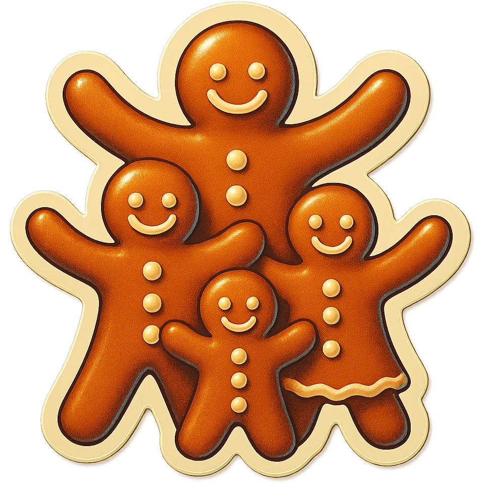 family of gingerbread cookies standing together with arms forming branches like a tree, cute holiday style emoji