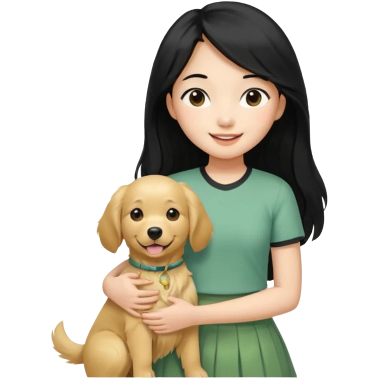 An Asian girl with a fair skin on the upper body, wearing a light green skirt, long and straight black hair, medium parts, slightly curled hair, and a smiling expression. Holding a little golden retriever in his arms emoji