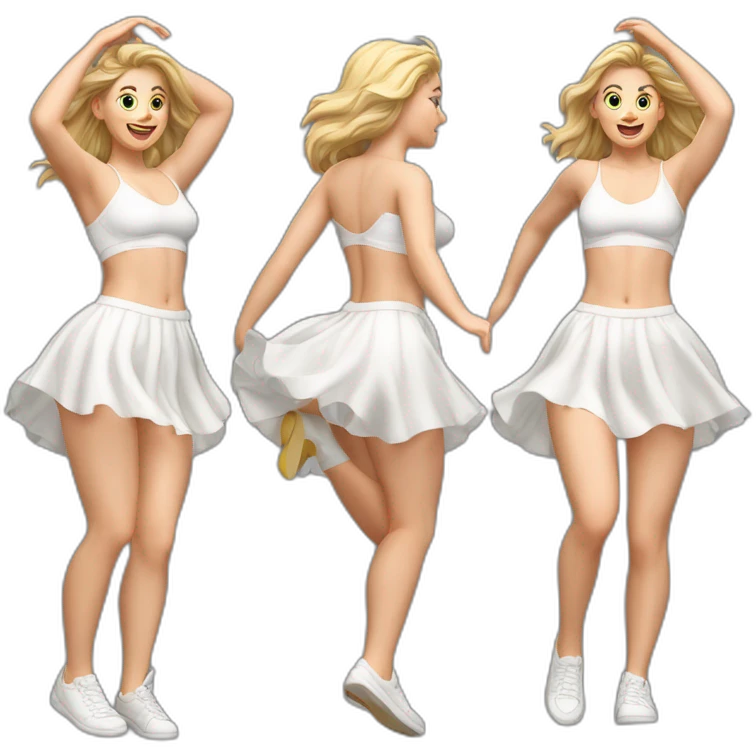 Hyperrealistic Full body Caucasian curvy beauty jumping short white skirt back and front views strong wind knickers emoji