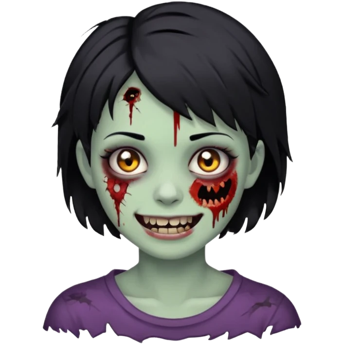 Zombie girl with messy black short hair with lashes and torn cheek and smiling face emoji