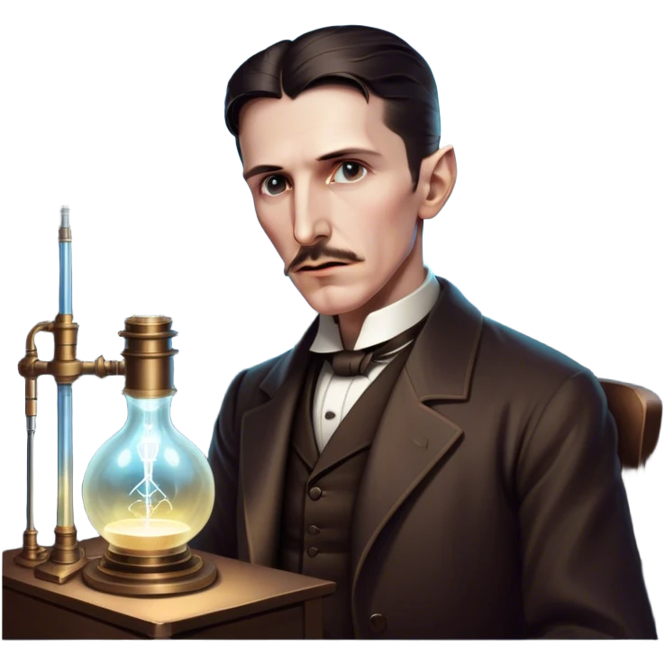 Nikola Tesla – Cinematic Realistic Portrait of Nikola Tesla, depicted as a visionary inventor with intense, thoughtful eyes and period attire, surrounded by subtle arcs of electric light and early laboratory apparatus, rendered with dramatic lighting that evokes mystery and innovation. emoji