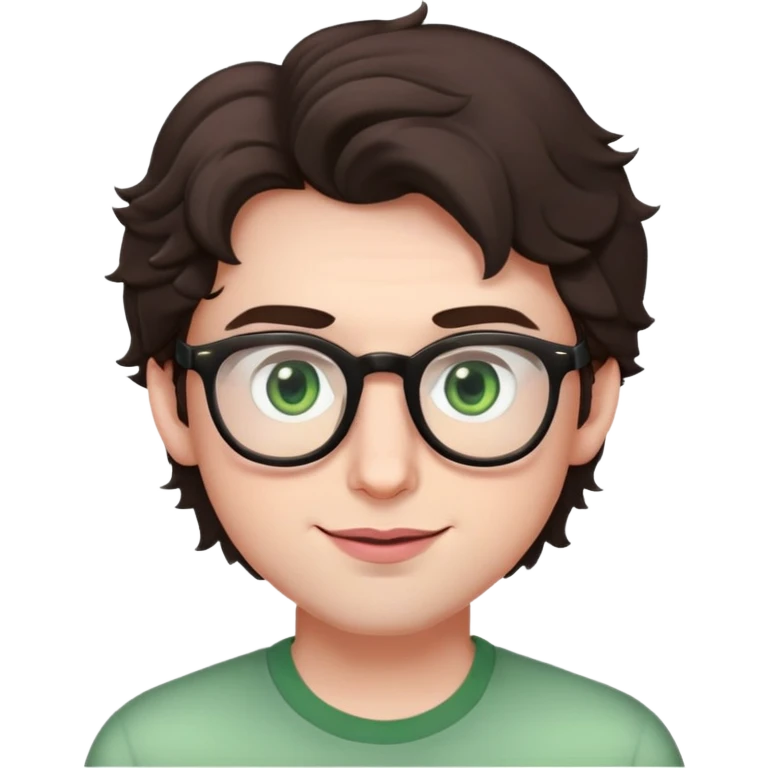 Young man with slightly curled dark brown poofy hair, green eyes wearing glasses, wide face with eyes set apart, bigger ears, very pale skin, slightly bigger nose, fuller darker pink lips with a smile, and very light stubble emoji