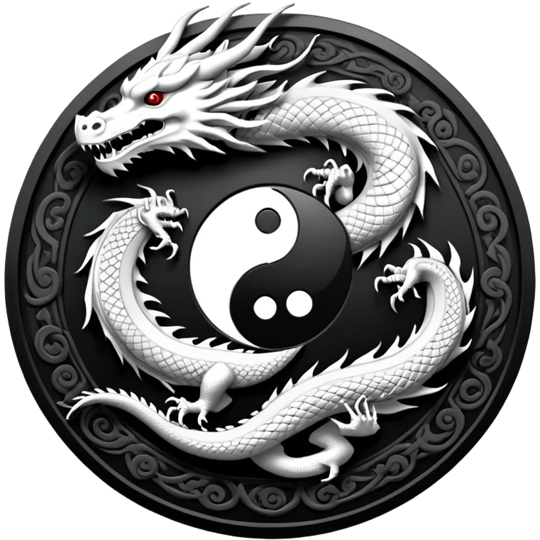 An icon symbolizing Eastern martial arts in the style of an emblem, featuring a black-and-white Yin-Yang symbol and a dragon at the center, surrounded by elements like a dojo. Transparent background highlights balance and power. emoji