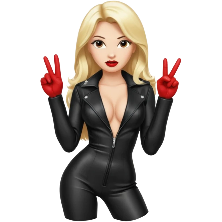 a hott good looking blonde with large breasts, red lips, and long blonde hair with leather sexy outfit and leather high heel boots and she is giving the finger emoji