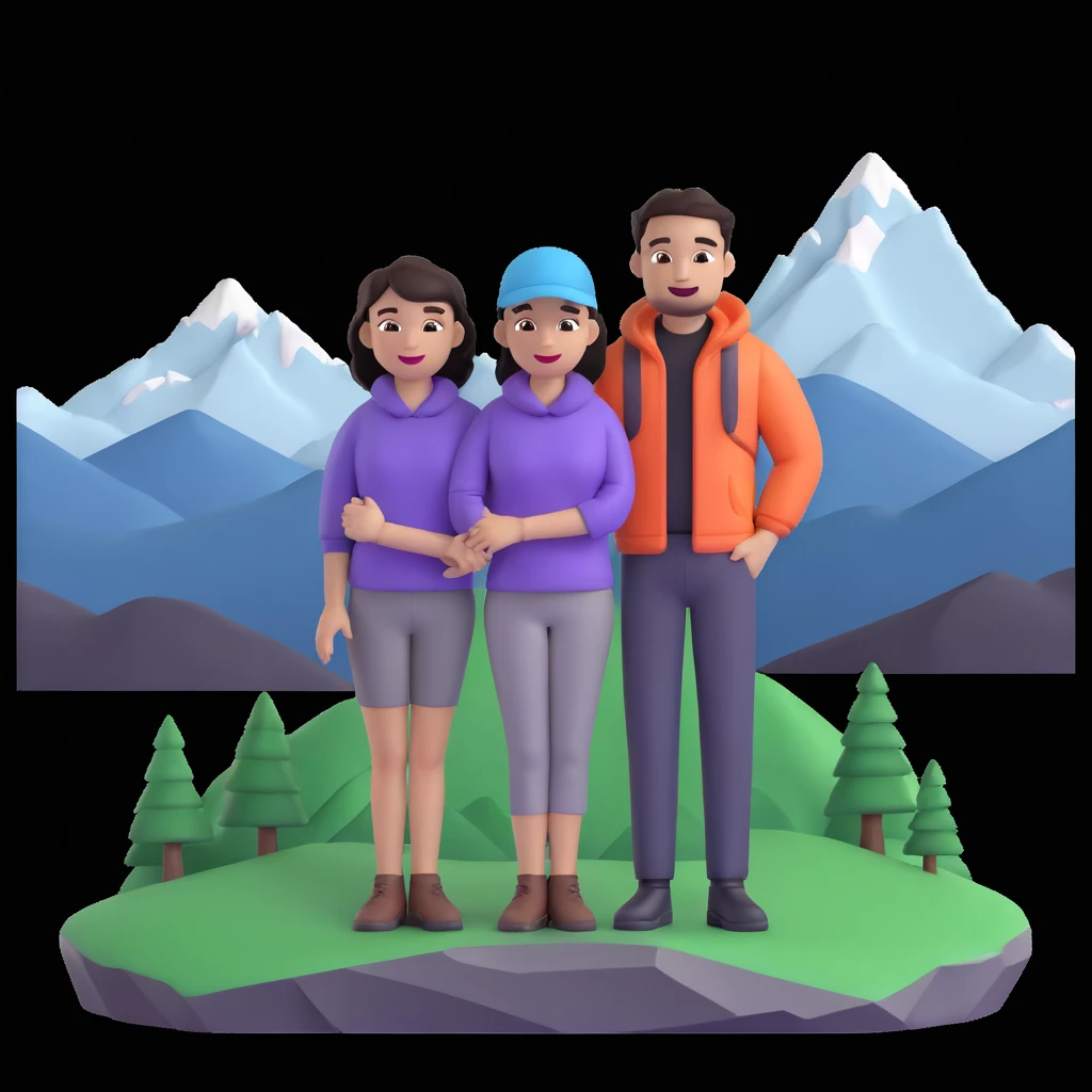back packer couple posing, mountains in background,   close up pose emoji