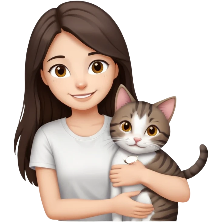 a girl with long dark brown hair, in a
white T-shirt and brown eyes, smile, hugs a tabby
dark grey and white strips one cat emoji