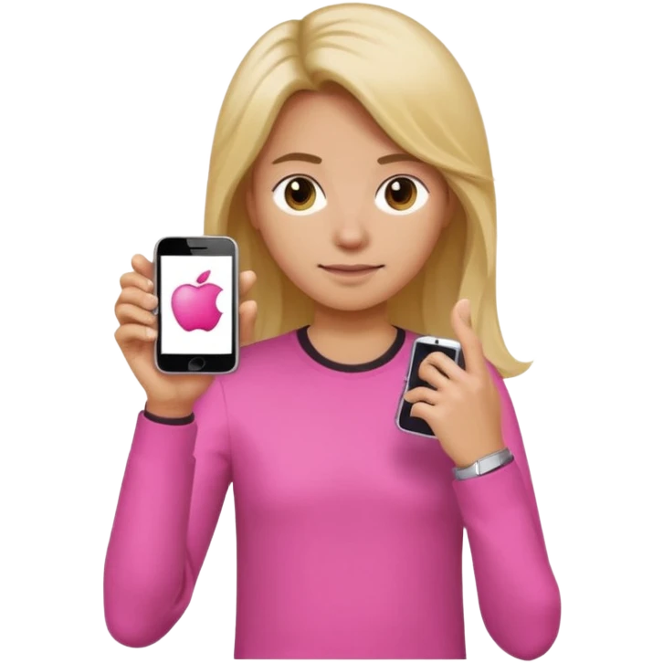 person wearing a pink long sleeve shirt, loose hair, wearing a watch on the arm, holding a cellphone in hand, apple emoji style emoji