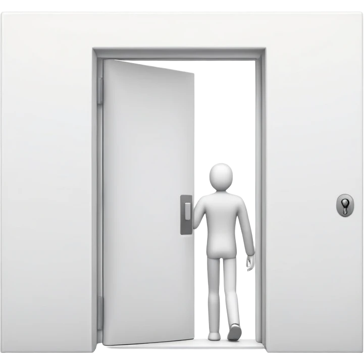 minimalistic icon of a white human figure walking through an open outlined door, viewed from the front, door with visible doorknob, solid green background, flat simple clean lines, high contrast emoji