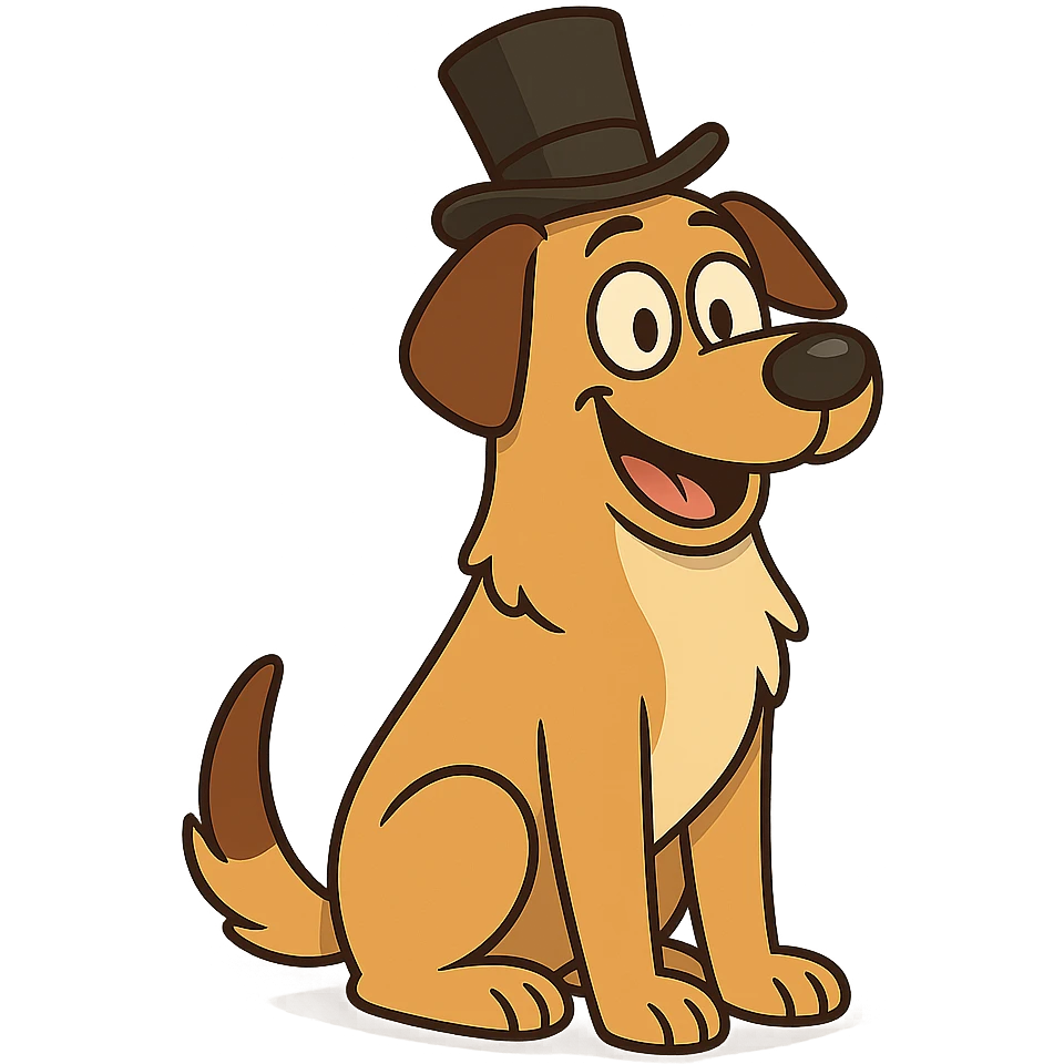 dog with a tophat, flat toon style, sitting and smiling emoji