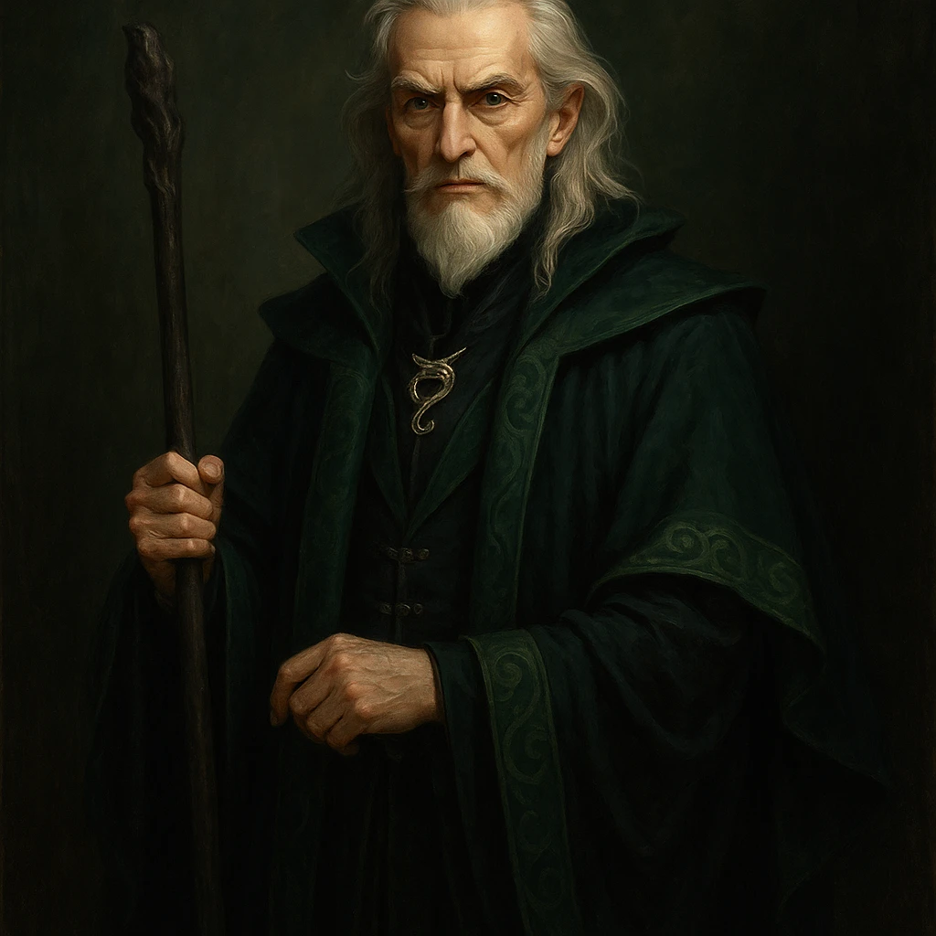 old wizard with aristocratic features, silver hair, green and black robes, Slytherin vibe, fantasy style emoji