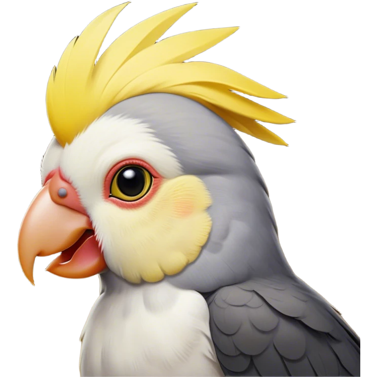 Cinematic Noble Cockatiel Portrait Emoji, Poised and regal, with a slender, delicate build and a beautifully groomed grey fur accented by vibrant yellow cheek patches and a graceful crest, deep-set soulful dark eyes, Simplified yet sharp and sophisticated features, highly detailed, glowing with a soft, dignified glow, high shine, intelligent and charming, stylized with an air of elegance, focused and attentive, soft glowing outline, capturing the essence of a watchful and confident avian companion, so majestic it feels as though it could flutter out of the screen with effortless authority! emoji