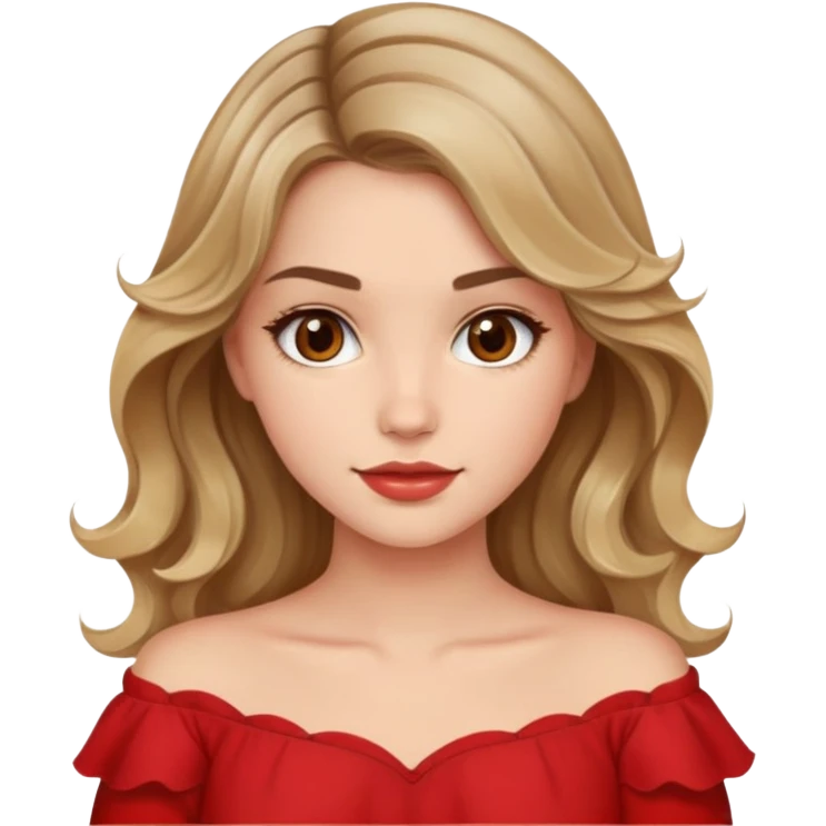 a beautiful girl with wavy and dark blond hair and her eyes are brown. The girl from once has a beautiful red blouse in which from the shoulders starts  emoji
