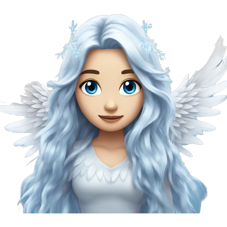 big wings, silver, feather, icy ,snowflake, Beautiful, fairy, long hair, blue eyes emoji