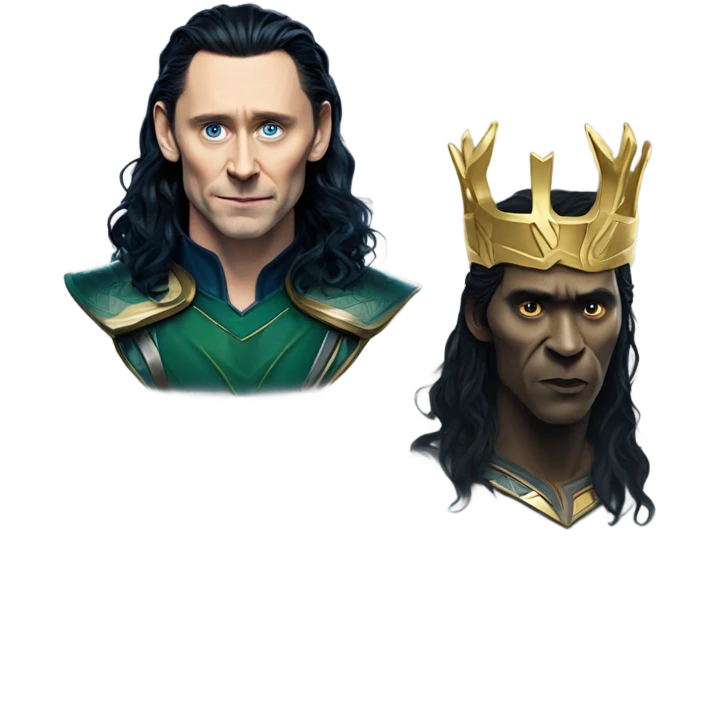 Loki with tom Hiddleston face ,black rawen hair bit wawy,mid hair, blue skin tone with some depper blue wains and accident looking symbols not much noticable like In Thor 1 when Loki turns into a frost giant ,gold crown with horns emoji