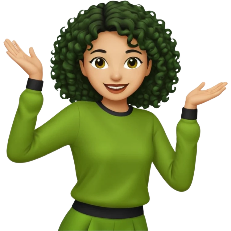 a woman with olive skin tone and curly black hair wearing green and dancing emoji